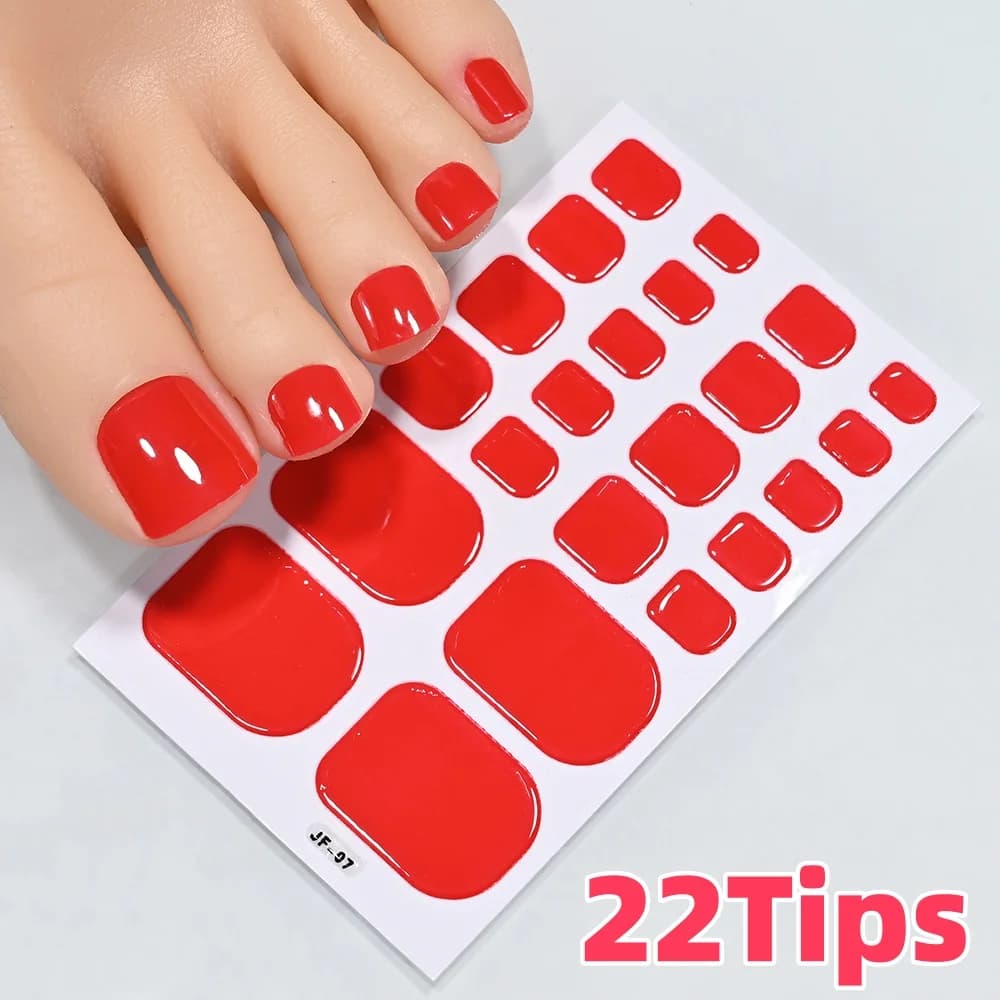 1Sheet=22Tips Glossy Red Toe Nail Stickers Full Cover Solid Color Press On Toenails Patch UV Baking Free Foot Gel Polish Wraps #