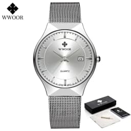 WWOOR Silver Men Watches with Mesh Steel Top Brand Luxury Ultra Thin Quartz Waterproof Date Business Wristwatch Box Montre Homme