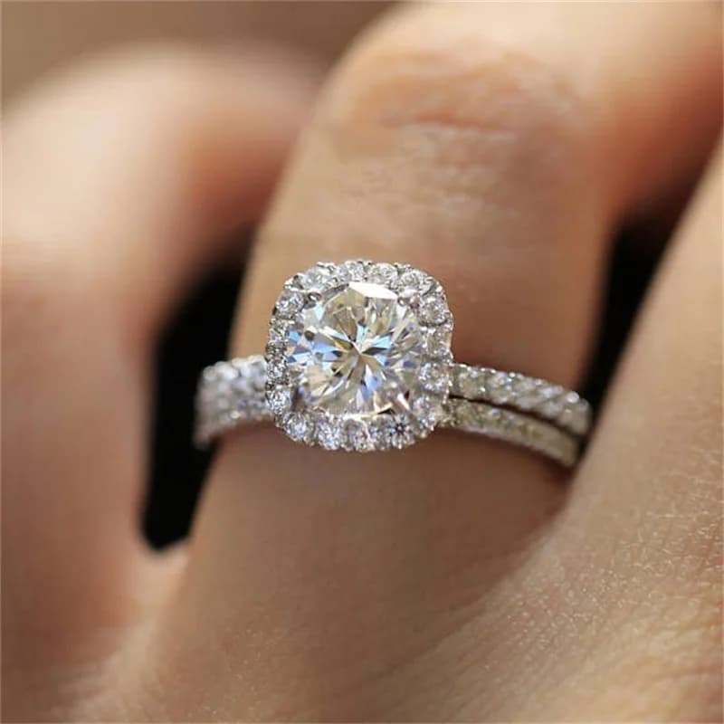 Luxury Wedding Rings for Women Silver Color Square Fashion Metal Inlaid White Zicron Stones Engagement Ring Set Jewelry