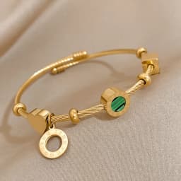AENSOA 316L Stainless Steel Malachite Roman Letters Charm Bangles Bracelets for Women Gold Color Waterproof Wrist Jewelry Gift