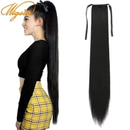 WIGSIN Synthetic 32Inch Long Straight Drawstring Ponytail Clip in Hair Extension Black Blonde Hairpiece for Women