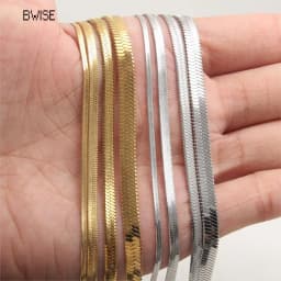 Bwise 2-5mm Width Stainless Steel Flat Chain Necklace Hot Fashion Herringbone Gold Color Snake Chain for Men Women Gift Jewelry