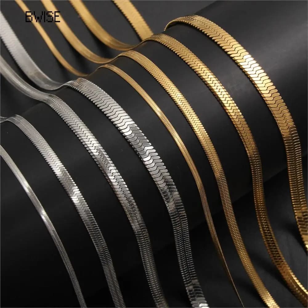 Bwise 2-5mm Width Stainless Steel Flat Chain Necklace Hot Fashion Herringbone Gold Color Snake Chain for Men Women Gift Jewelry