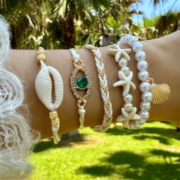 Tocona 5pcs/set Bohemian Imitation Pearl Bracelets for Women Ethnic Style Shell Beaded Bangles Summer Beach Jewelry Set 26165