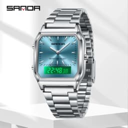 SANDA 747 Men's Quartz Digital Watch Waterproof Casual Fashion Watch Wear-resistant Stainless Steel Couple Strap Square Watch