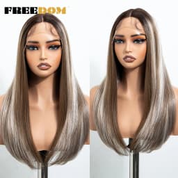 FREEDOM Hair Synthetic Lace Front Wigs For Black Women Straight Bob Wigs 22 inch Easy Wear Ombre Brown Blonde Wig Cosplay Wig
