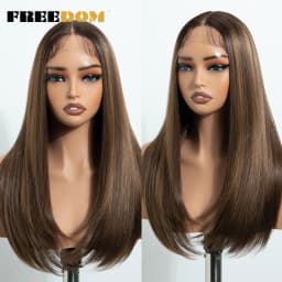 FREEDOM Hair Synthetic Lace Front Wigs For Black Women Straight Bob Wigs 22 inch Easy Wear Ombre Brown Blonde Wig Cosplay Wig