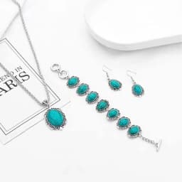 3pcs Women's Vintage Turquoise Bracelet Necklace Earrings Set, Healing Stone Decoration Gift(Without Box)