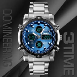 Skmei Mens Full Steel Strap Quartz Wristwatch 3 Time Back Light Display Digital Watches Countdown Clock Relogio Masculino