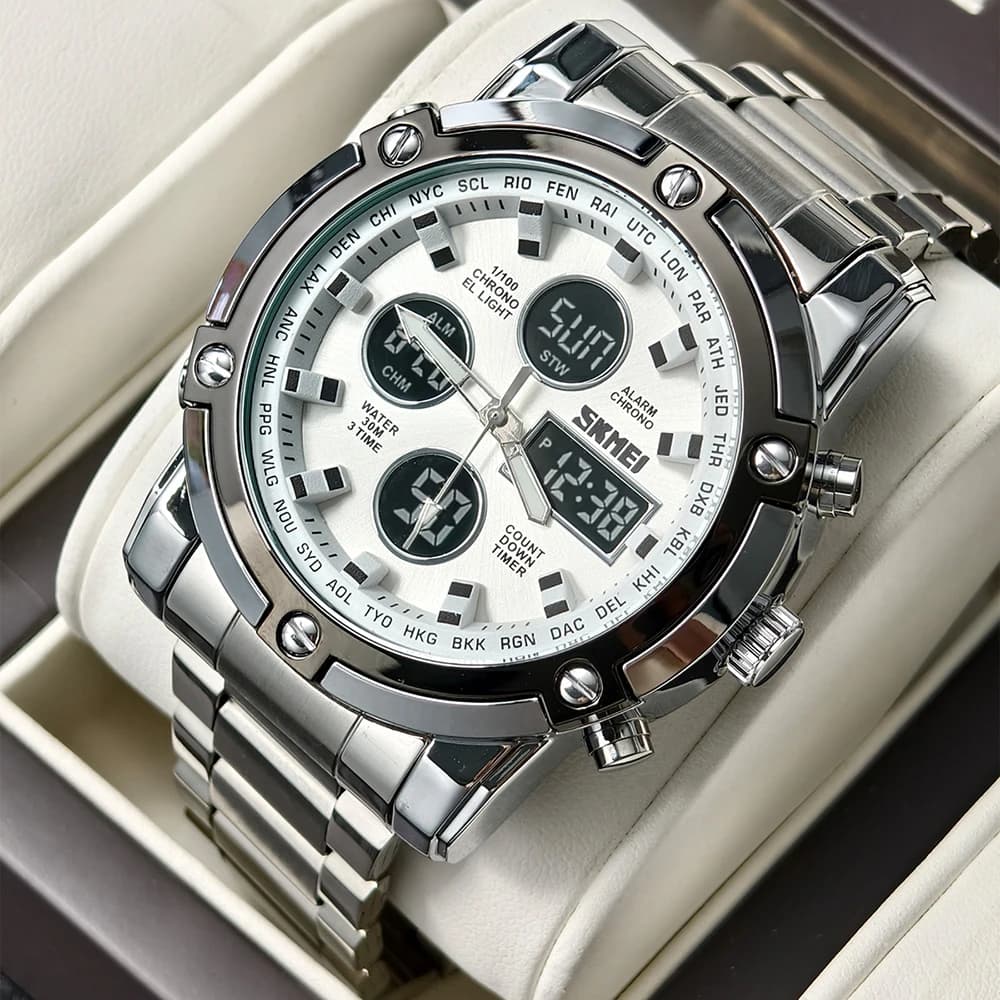 Skmei Mens Full Steel Strap Quartz Wristwatch 3 Time Back Light Display Digital Watches Countdown Clock Relogio Masculino