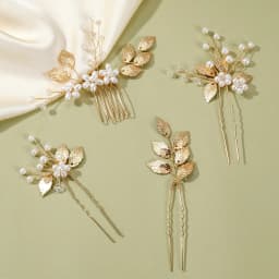 Pearl Hairpin With Side Comb Wedding Hair Accessories Golden Leaf Beads Flower Hair Clip U-shaped Alloy Headwear Fashion Jewelry