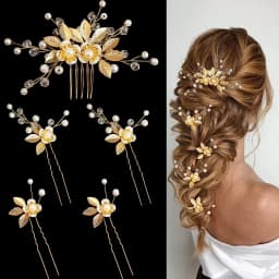 Pearl Hairpin With Side Comb Wedding Hair Accessories Golden Leaf Beads Flower Hair Clip U-shaped Alloy Headwear Fashion Jewelry