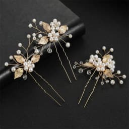 Pearl Hairpin With Side Comb Wedding Hair Accessories Golden Leaf Beads Flower Hair Clip U-shaped Alloy Headwear Fashion Jewelry