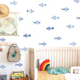 Hand drawn Watercolor Fish  Wall Decals Waterproof Peel&Stick Wall Sticker Blue Geo  Fish Sea for Boy's Kids Room
