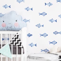 Hand drawn Watercolor Fish  Wall Decals Waterproof Peel&Stick Wall Sticker Blue Geo  Fish Sea for Boy's Kids Room