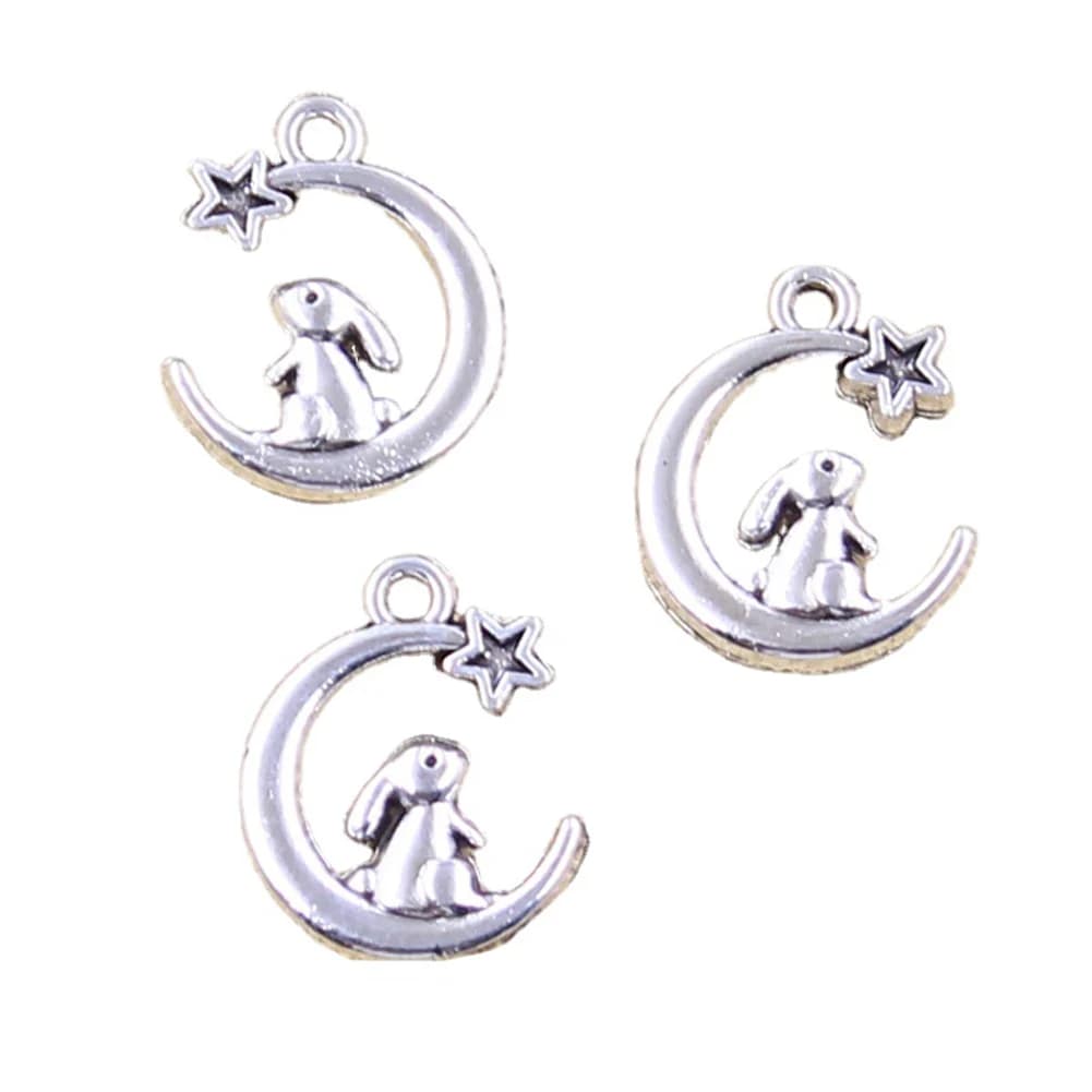 15pcs Charms Rabbit Moon Star 17x14mm Antique Silver Color Pendants Making DIY Handmade Tibetan Finding Jewelry
