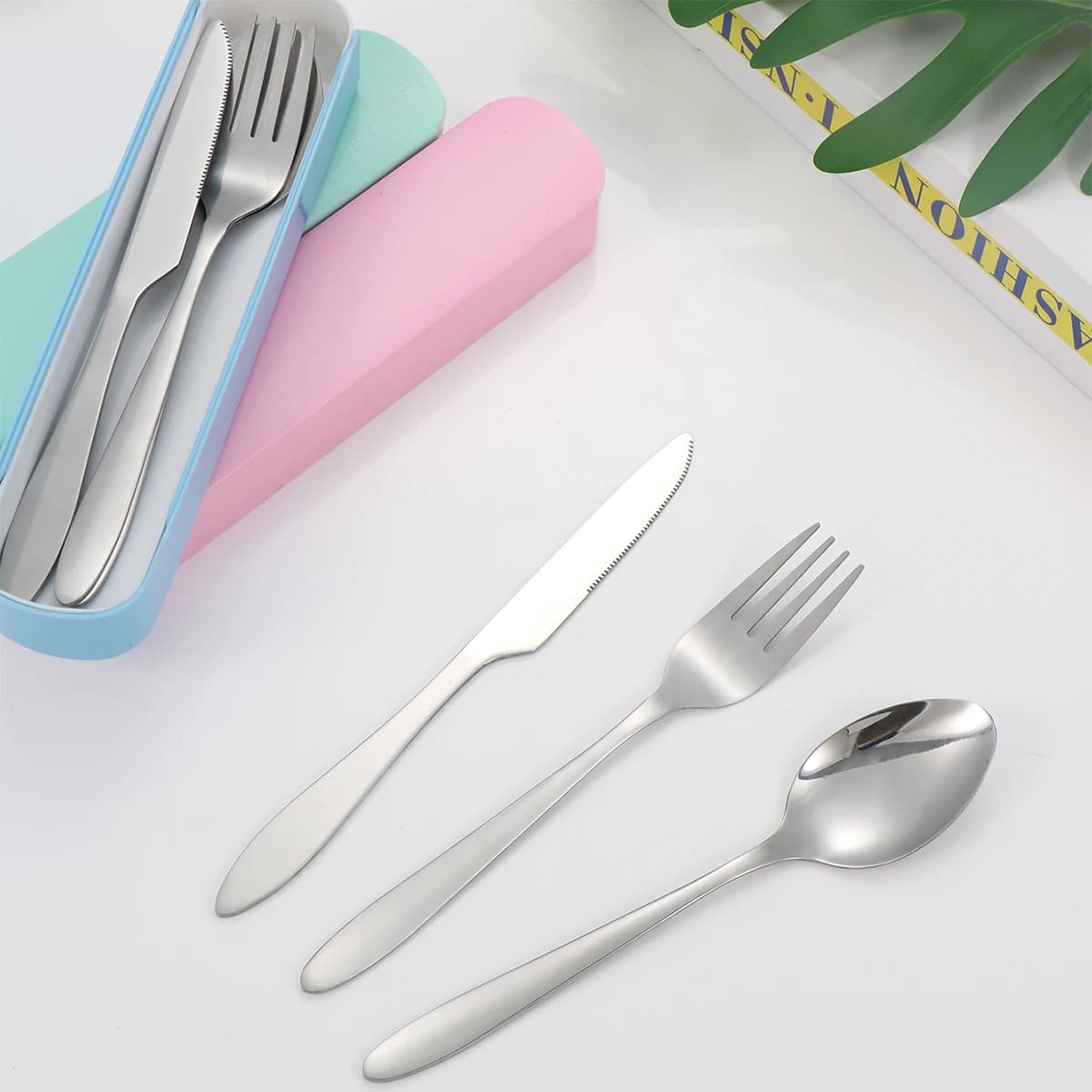 3pc Portable Suit Students Go to School Dining Suit His Knife and Fork Spoon with Receive a Case