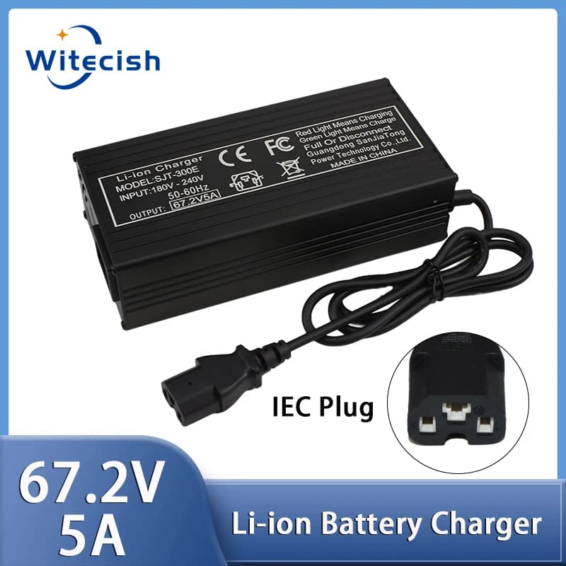 60V Fast Charger 67.2V/5A for 16s 60V Lithium Battery Charger GX16/IEC Connector Strong Heat