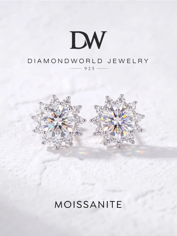 DiamondWorld Sparkling 0.5CT Moissanite Diamond Halo Sun Flower Stud Earrings for Women 925 Sterling Silver Party Fine Jewelry