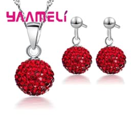 925 Sterling Silver Stamped Bridal Jewelry Sets Women Girls Wedding Gifts Austrian Crystal CZ Disco Ball Necklace Hoop Earrings