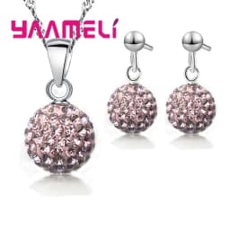 925 Sterling Silver Stamped Bridal Jewelry Sets Women Girls Wedding Gifts Austrian Crystal CZ Disco Ball Necklace Hoop Earrings