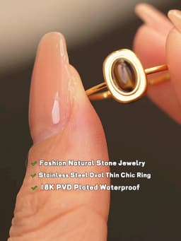 Yhpup Fashion Natural Stone Stainless Steel Oval Thin Chic Ring Women 18K PVD Plated Waterproof Jewelry Accessories Gift