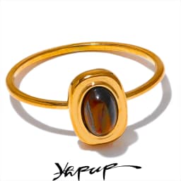 Yhpup Fashion Natural Stone Stainless Steel Oval Thin Chic Ring Women 18K PVD Plated Waterproof Jewelry Accessories Gift