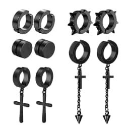 5 pairs of fashionable men's punk cross pendants stainless steel earless magnet earrings set