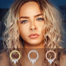 2Pcs 316L Surgical Steel Zircon Hinged Nose Ring Septum Clicker Daith Piercing Ear Cartilage Helix Hoop Flowers Water Drops