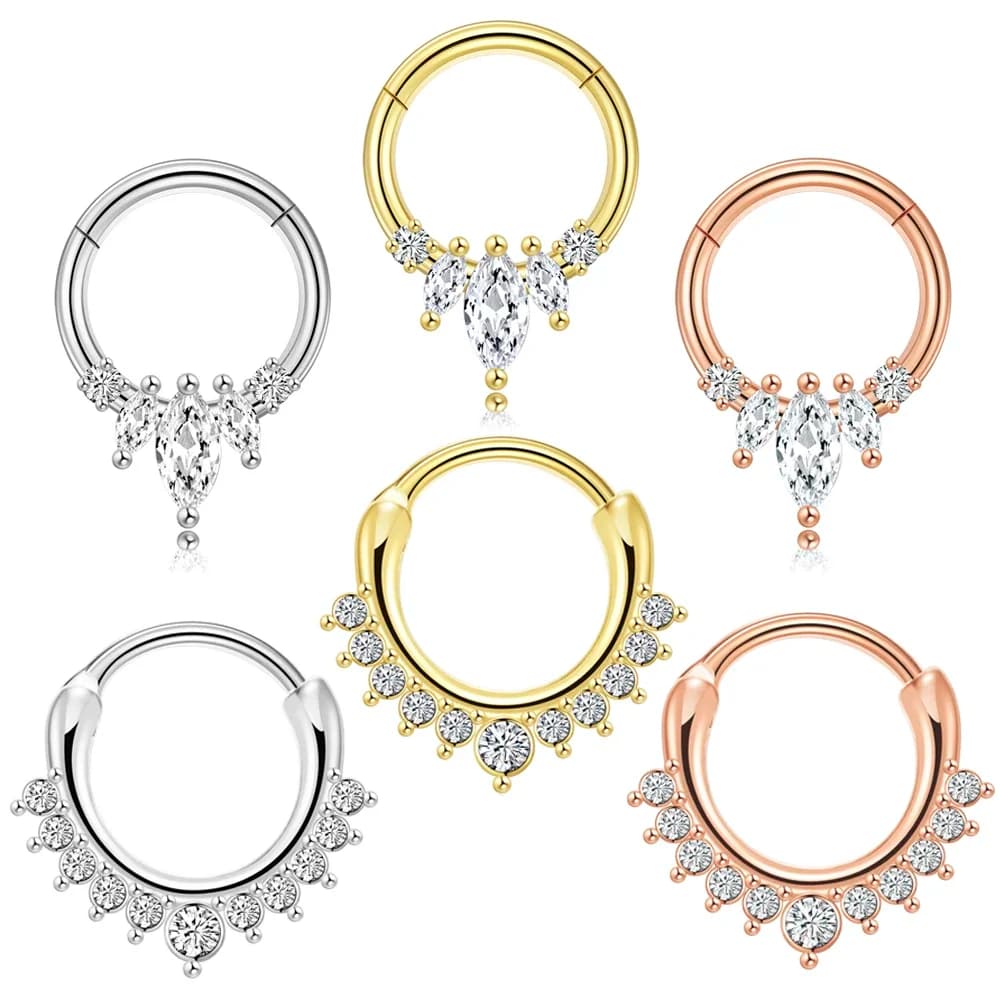 2Pcs 316L Surgical Steel Zircon Hinged Nose Ring Septum Clicker Daith Piercing Ear Cartilage Helix Hoop Flowers Water Drops