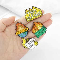 Cartoon Dog Coffee Fire Cup Enamel Pin Unique Brooches This Is Fine Lapel Pins Badge Shirt Bag Funny Animal Jewelry Gift For Fan