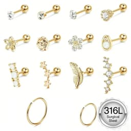 Drperfect Surgical Stainless Steel 16G Cartilage Earrings Studs Helix Couch Hoop Piercing Earrings Set Opal Shiny Earrings
