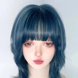 Blue Synthetic Mullet Head Wig with Bangs Short Straight Lolita Anime Cosplay Fluffy Hair Wig for Daily Party
