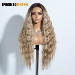 FREEDOM Curly Synthetic Lace Front Wigs For Women 30 Inches Soft Wavy Ombre Blonde Ginger Highlight Cosplay Wigs Heat Resistant