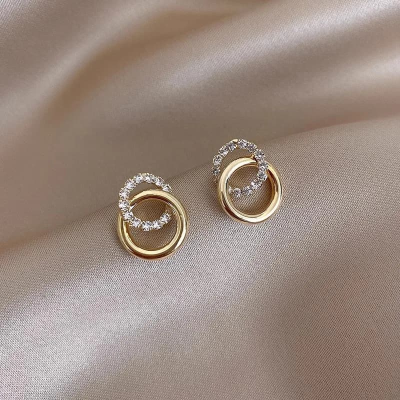 Gold Color Double Hoop Geometric Stud Earrings Sparkly Inlaid Rhinestone Earrings Female Fashion Light Luxury Ear Jewelry C
