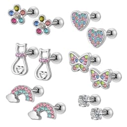 EVISPOL 1-6 Pairs Hypoallergenic Screwback Stud Earrings for Women 316L Stainless Steel Cute CZ Screw Back Earring Studs Set 20G