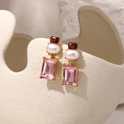 Freetry New Design Pearl Drop Earrings for Women Vintage Geometric Square Pink Glass Dangle Earrings Party Wedding Jewelry