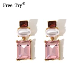 Freetry New Design Pearl Drop Earrings for Women Vintage Geometric Square Pink Glass Dangle Earrings Party Wedding Jewelry