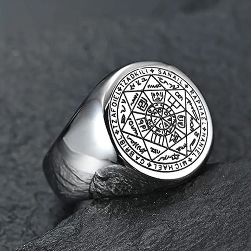 YILUOCD Seal of The Seven Archangels Rings for Men The Key of Solomon Ring Kabbalah Talisman Amulet Stainless Steel Male Jewelry