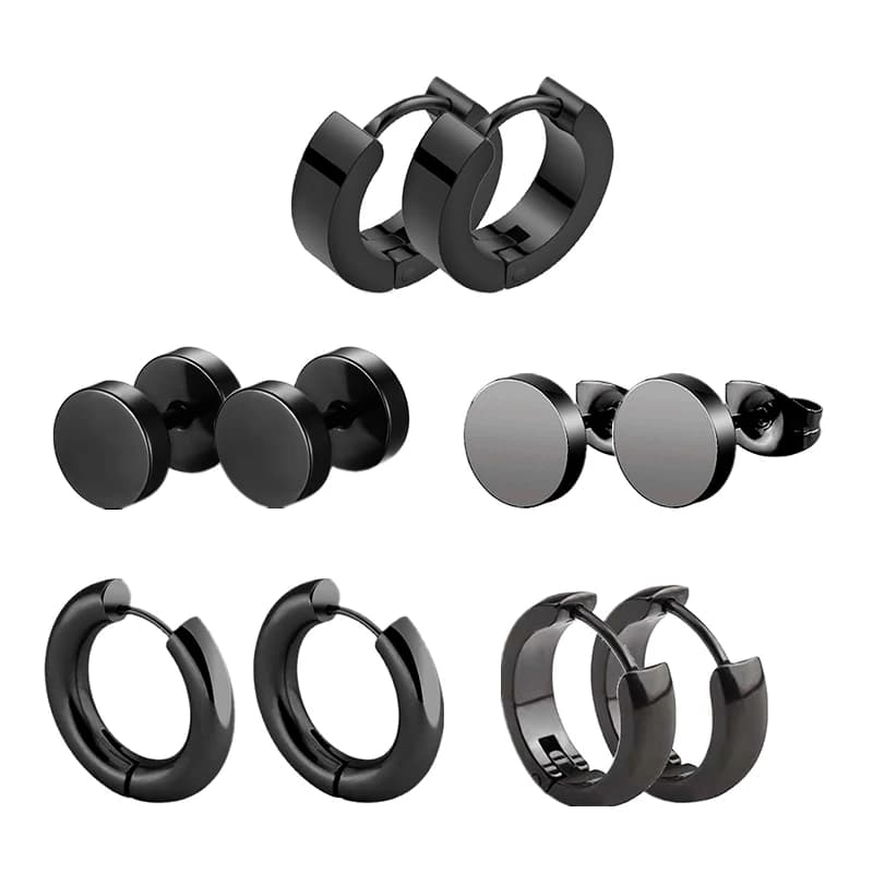 5 Pair Black Earrings Stainless Steel Ear Hoops for Men and Women