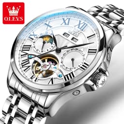 OLEVS 7013 Men's Watch Fashion Moon Phase Mechanical Watch For Men Waterproof Roman Scale Hollow Flywheel Automatic Hand Clock
