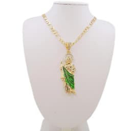 Saint Jude Necklace 14K Gold Plated San Judas Pendant Figaro Chain