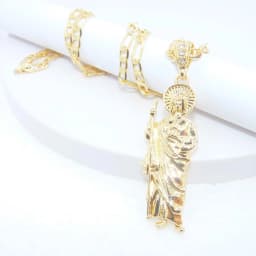 Saint Jude Necklace 14K Gold Plated San Judas Pendant Figaro Chain