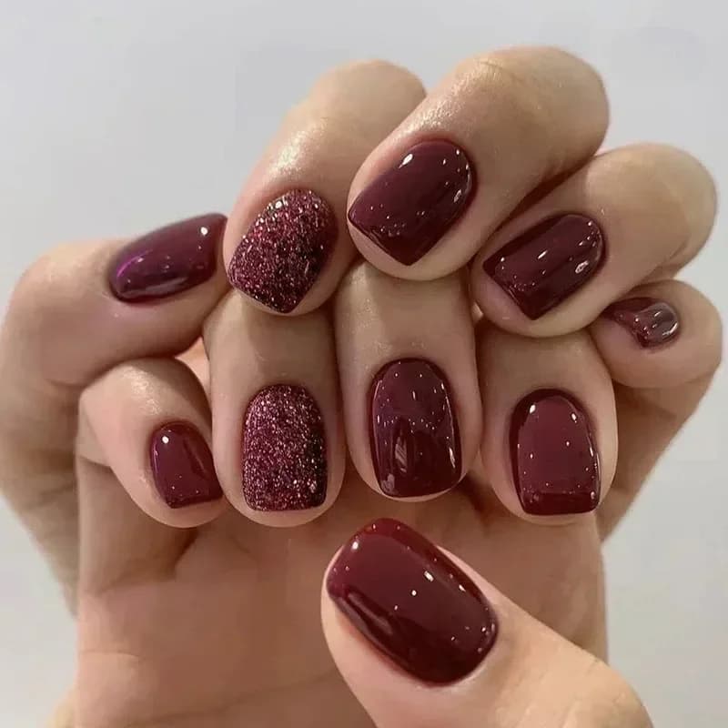 24Pcs/set Short Solid Color Wine Red Fake Nail Tips Glitter Square/round Head False Nails Wearable Ballet Press on Nails