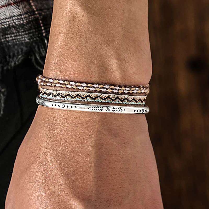 Fashion Handmade Cotton Rope Sport Set Bracelets for Women Men Retro 925 Tibetan Silver C-Bangle Multilayered Jewelry Gift