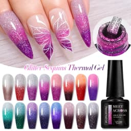 MEET ACROSS 7ml Glitter Sequins Thermal Gel Nail Polish 3 Layers Temperature Color Changing Semi Permanent UV Gel Varnish Nails