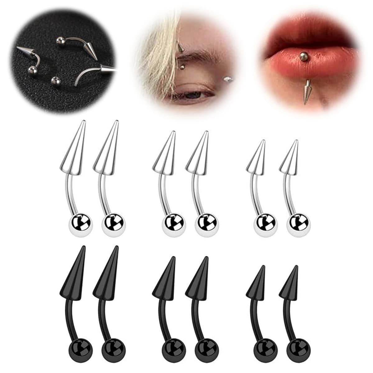 ZS 1PC 16G Long Spike Bridge Piercing Stainless Steel Eyebrow Ring Curved Barbell Cartilage Earring Punk Cone Labret Piercing