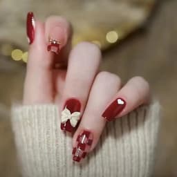 24PCS/1BOX Red Bow Gold Powder Checkerboard Fake Nails