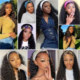 Deep Wave Headband Wig Human Hair Curly Bob Wigs For Women 100% Real Hair Bobo Wigs Full Machine Made Wigs Natural Black Hair