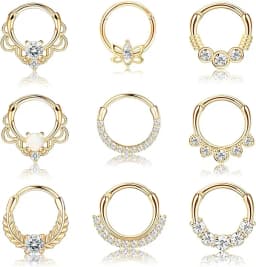 Drperfect 316L Stainless Steel Septum Rings Opal Daith Nose Rings CZ Cartilage Tragus Earrings Septum Clicker Piercing Jewerly